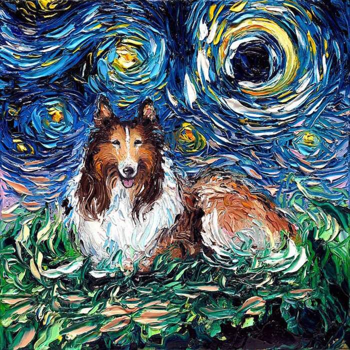 Artista dipinge il ritratto del tuo cane su Notte Stellata di van Gogh