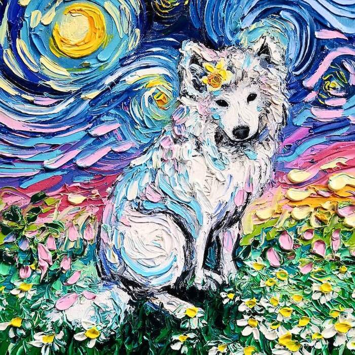 Artista dipinge il ritratto del tuo cane su Notte Stellata di van Gogh